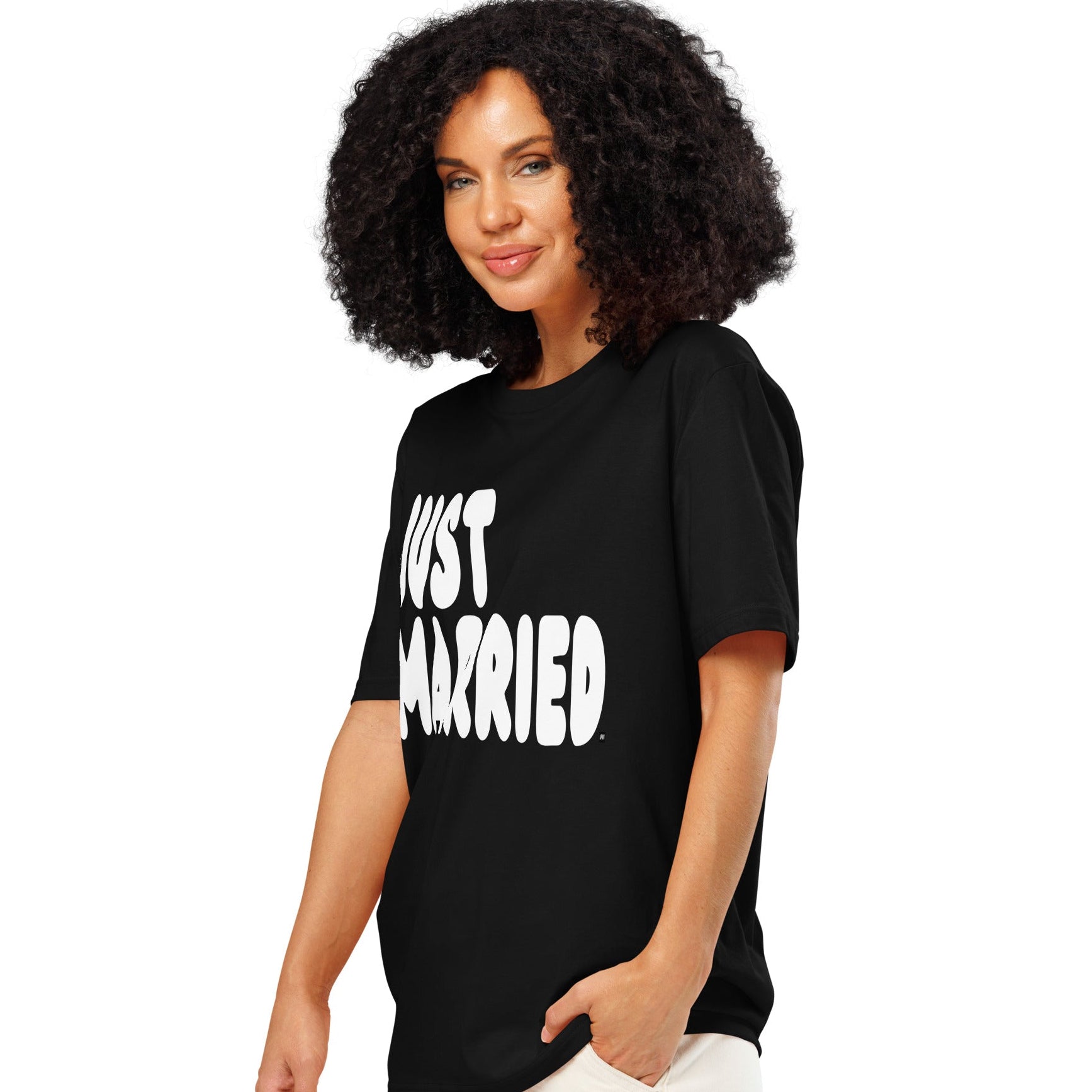Woman wearing Just Married Premium Unisex T-Shirt in Black Side View