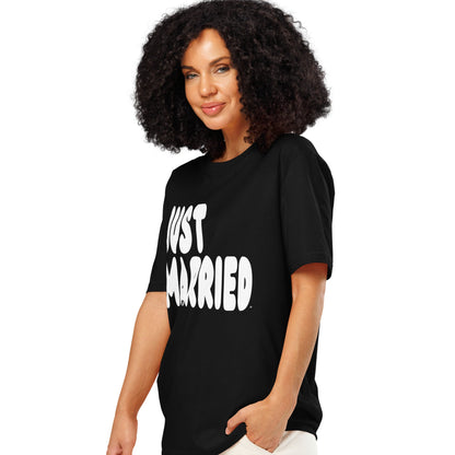 Woman wearing Just Married Premium Unisex T-Shirt in Black Side View