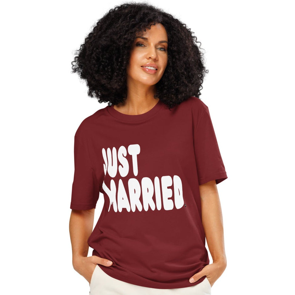 Woman wearing Just Married Premium Unisex T-Shirt in Burgundy