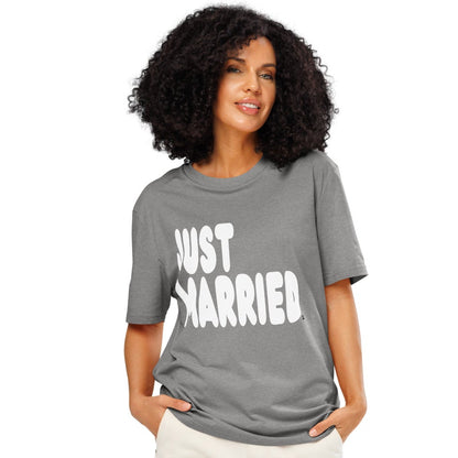 Woman wearing Just Married Premium Unisex T-Shirt in Grey