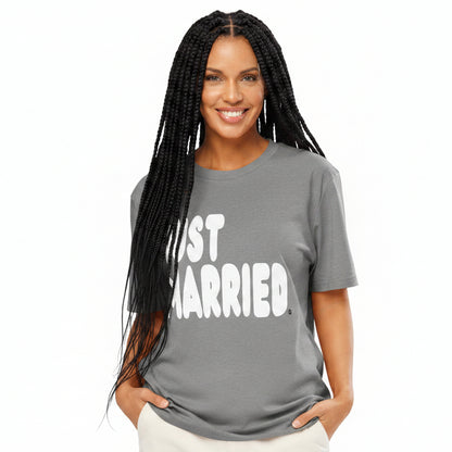 Woman wearing the APWT Gift Shop's Just Married Premium Unisex T-Shirt in Grey from the APWT Wedding Shop