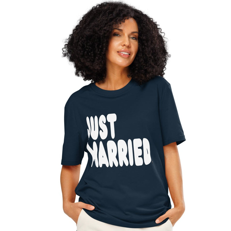 Woman wearing Just Married Premium Unisex T-Shirt in Navy Blue