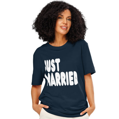 Woman wearing Just Married Premium Unisex T-Shirt in Navy Blue