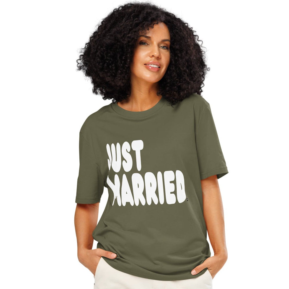 Woman wearing Just Married Premium Unisex T-Shirt in Olive Green