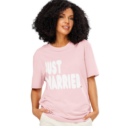 Woman wearing Just Married Premium Unisex T-Shirt in Pink