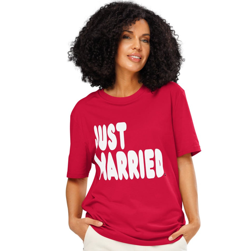 Woman wearing Just Married Premium Unisex T-Shirt in Red