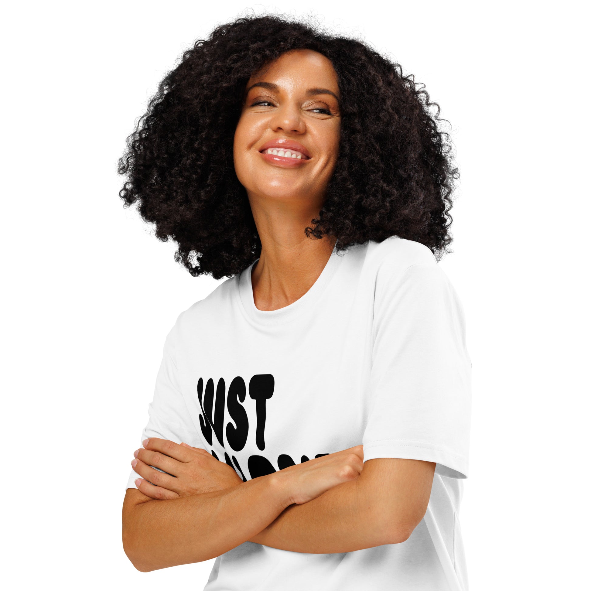Woman wearing Just Married Premium Unisex White T-Shirt Close-Up