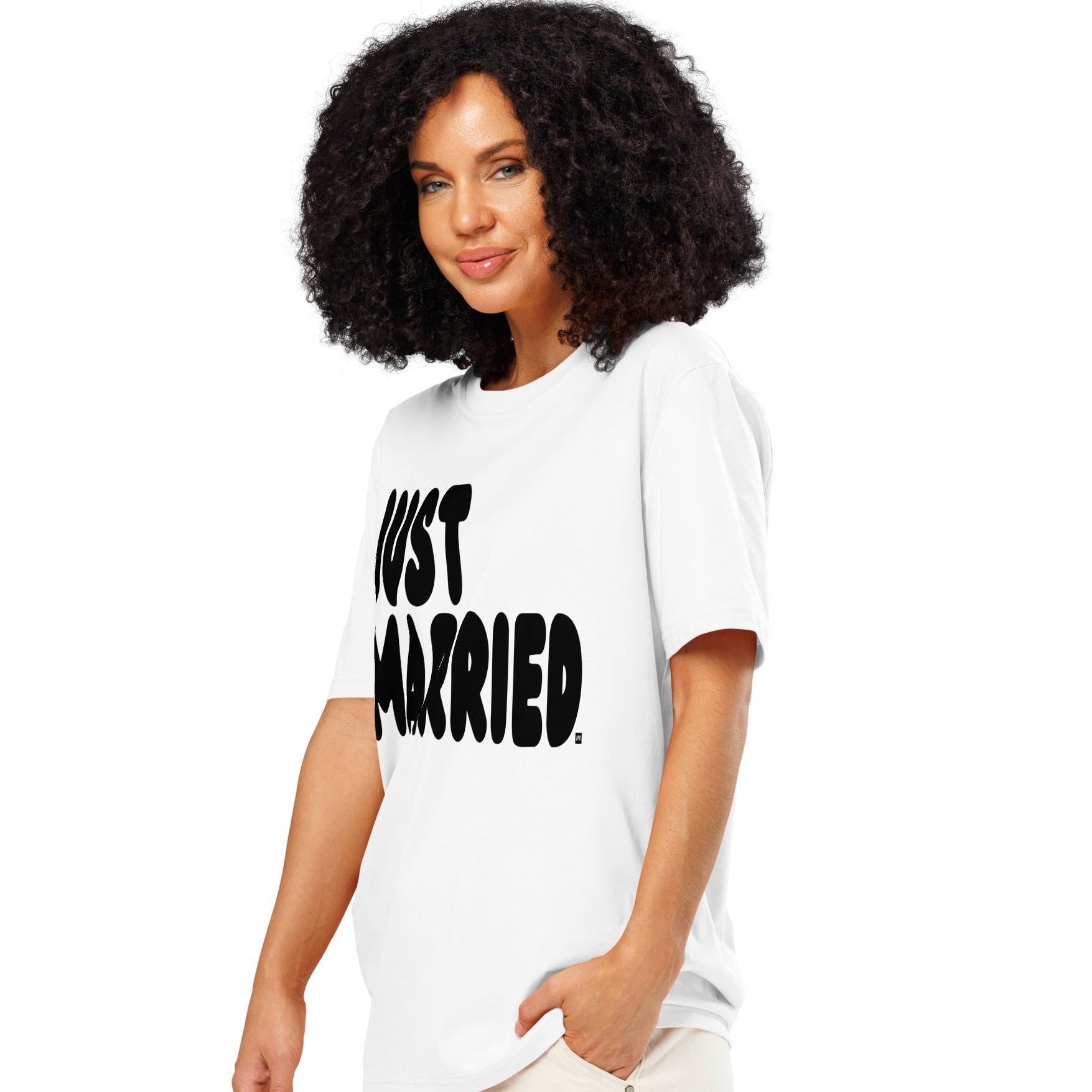 Woman wearing Just Married Premium Unisex White T-Shirt Side