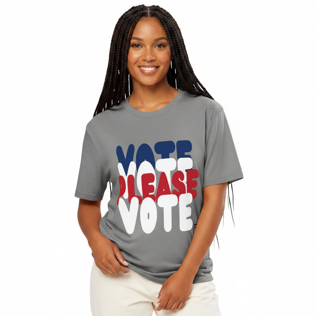Woman wearing Please Vote Unisex T-Shirt in Grey