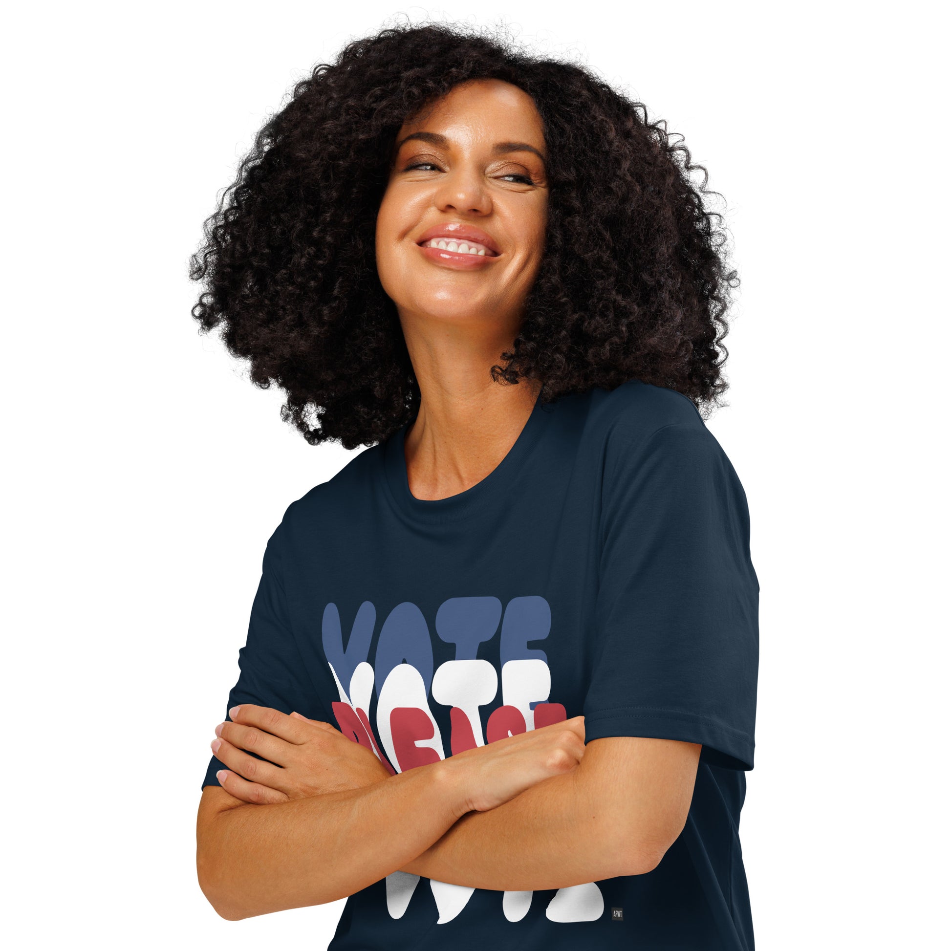 Woman wearing Please Vote Unisex T-Shirt in Navy Blue close up