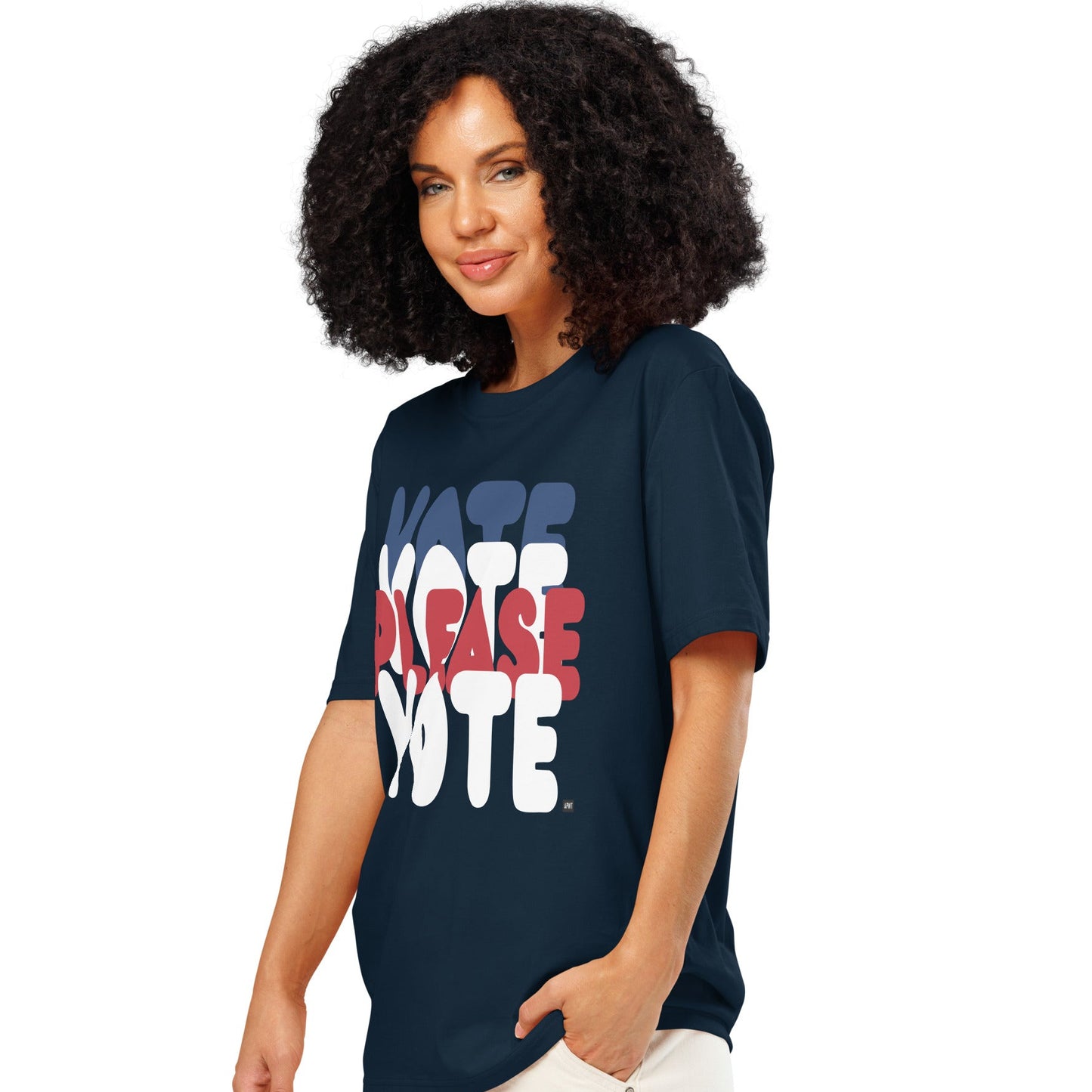 Woman wearing Please Vote Unisex T-Shirt in Navy Blue side