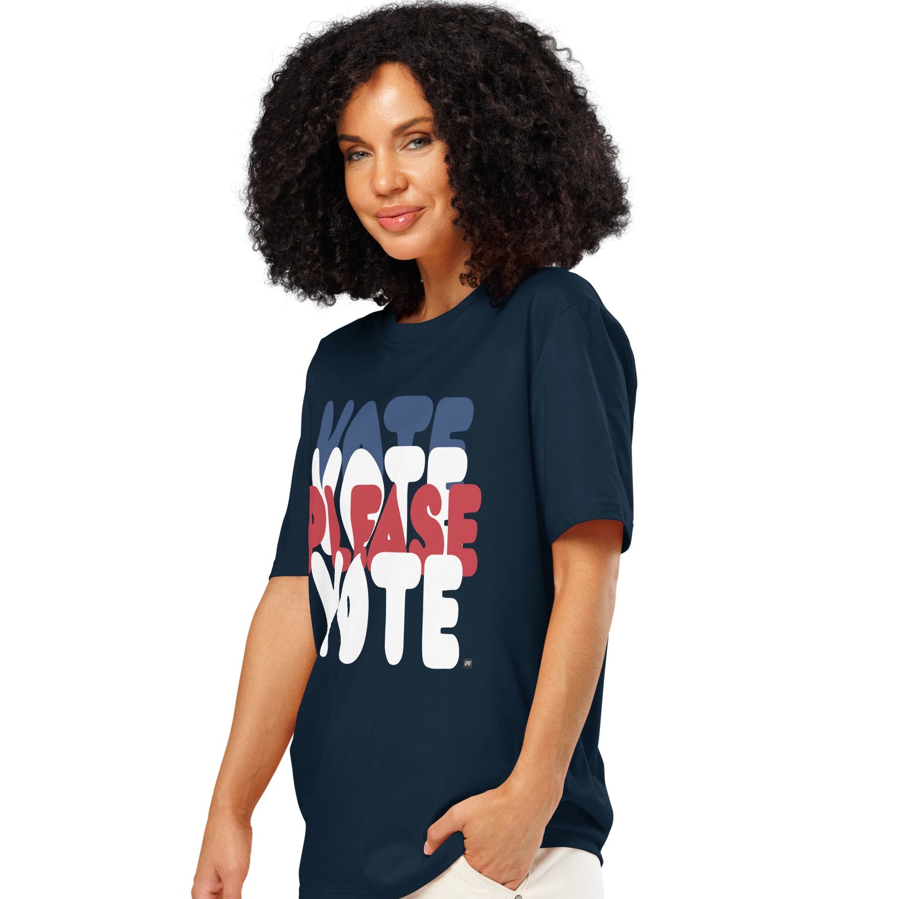 Woman wearing Please Vote Unisex T-Shirt in Navy Blue side