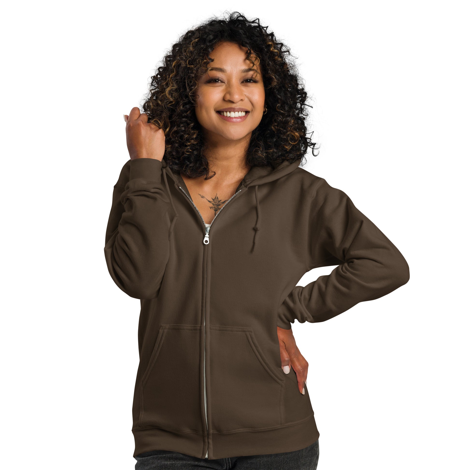Woman wearing Please Vote in Brown Love Unisex Zip-Up Hoodie from the APWT Gift Shop front