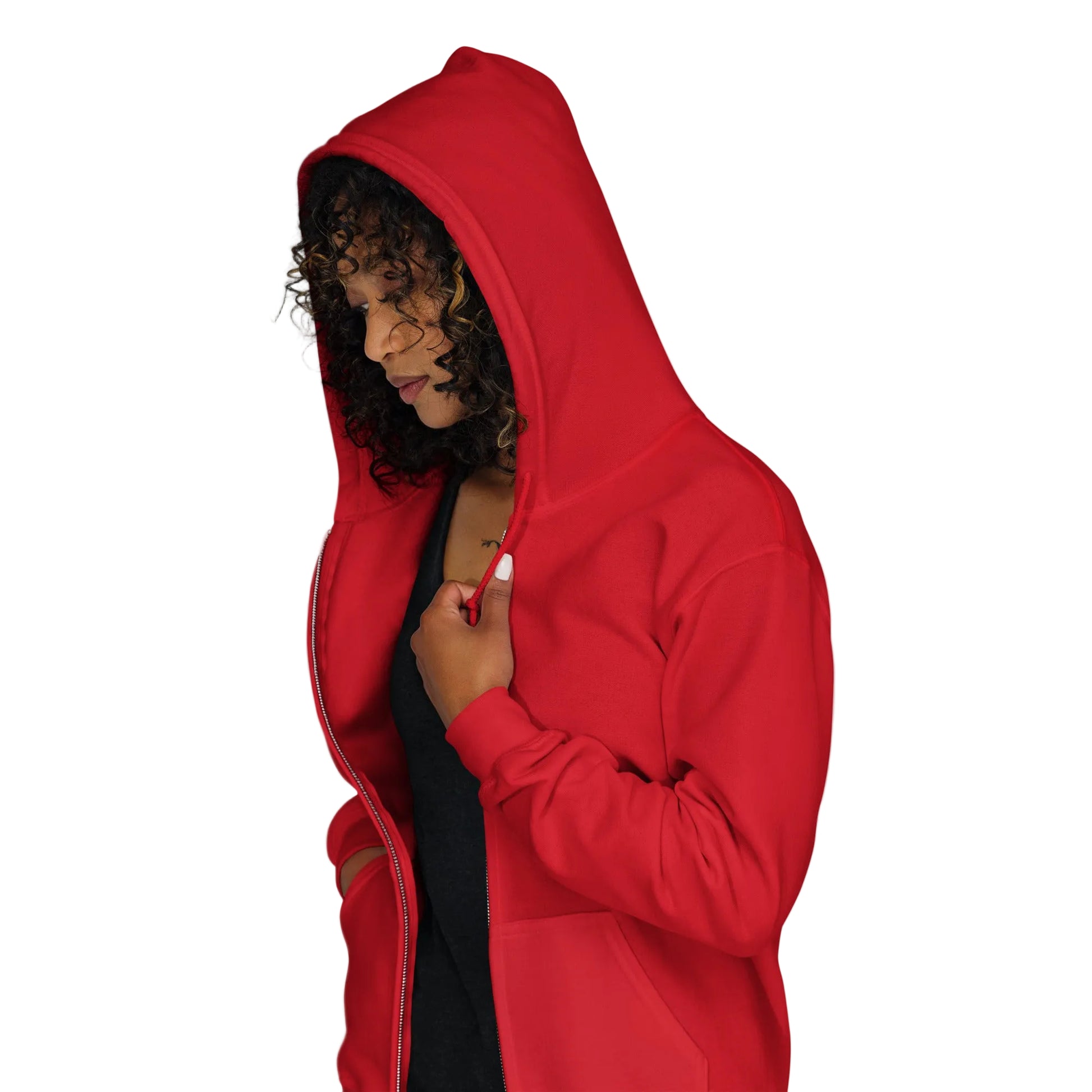 Woman wearing Please Vote in Cautionary Red Unisex Zip-Up Hoodie from the APWT Gift Shop side