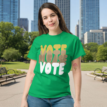 Woman wearing Please Vote in Green Spaces Unisex T-Shirt from the APWT Gift Shop