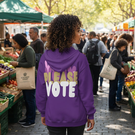 Woman wearing Please Vote in Purple States Unisex Zip-Up Hoodie from the APWT Gift Shop