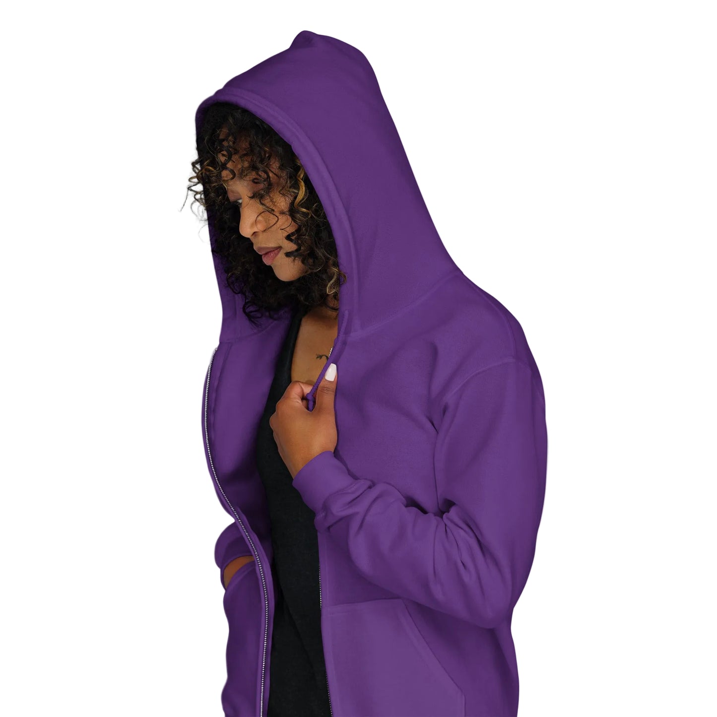 Woman wearing Please Vote in Purple States Unisex Zip-Up Hoodie from the APWT Gift Shop Side