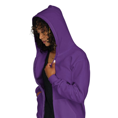 Woman wearing Please Vote in Purple States Unisex Zip-Up Hoodie from the APWT Gift Shop Side