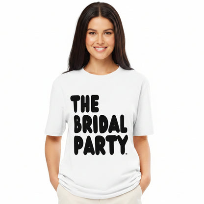 Woman wearing the APWT Gift Shop's the Bridal Party Premium Unisex White T-Shirt from the APWT Wedding Shop
