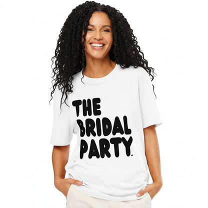 Woman wearing the APWT Gift Shop's the Bridal Party Premium Unisex White T-Shirt from the APWT Wedding Shop