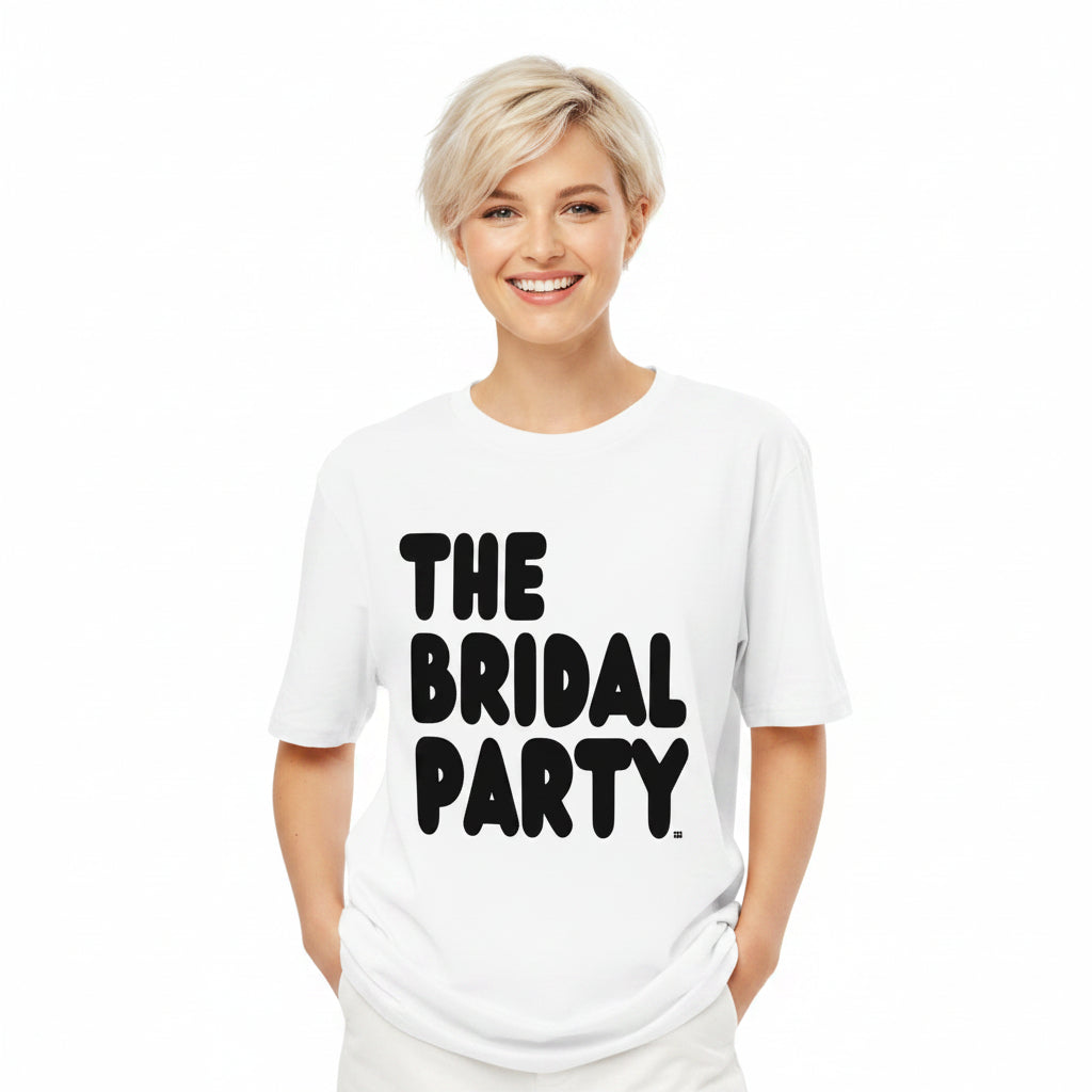 Woman wearing the APWT Gift Shop's the Bridal Party Premium Unisex White T-Shirt from the APWT Wedding Shop