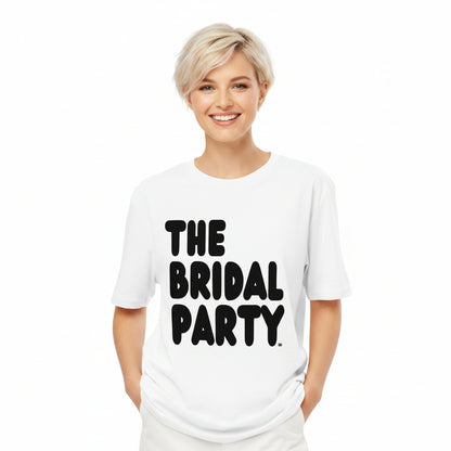 Woman wearing the APWT Gift Shop's the Bridal Party Premium Unisex White T-Shirt from the APWT Wedding Shop
