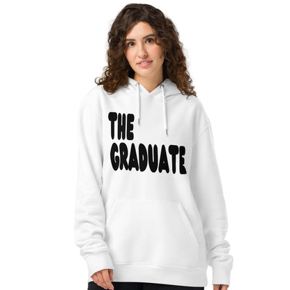 Woman wearing The Graduate Premium Unisex White Hoodie from the APWT Gift Shop