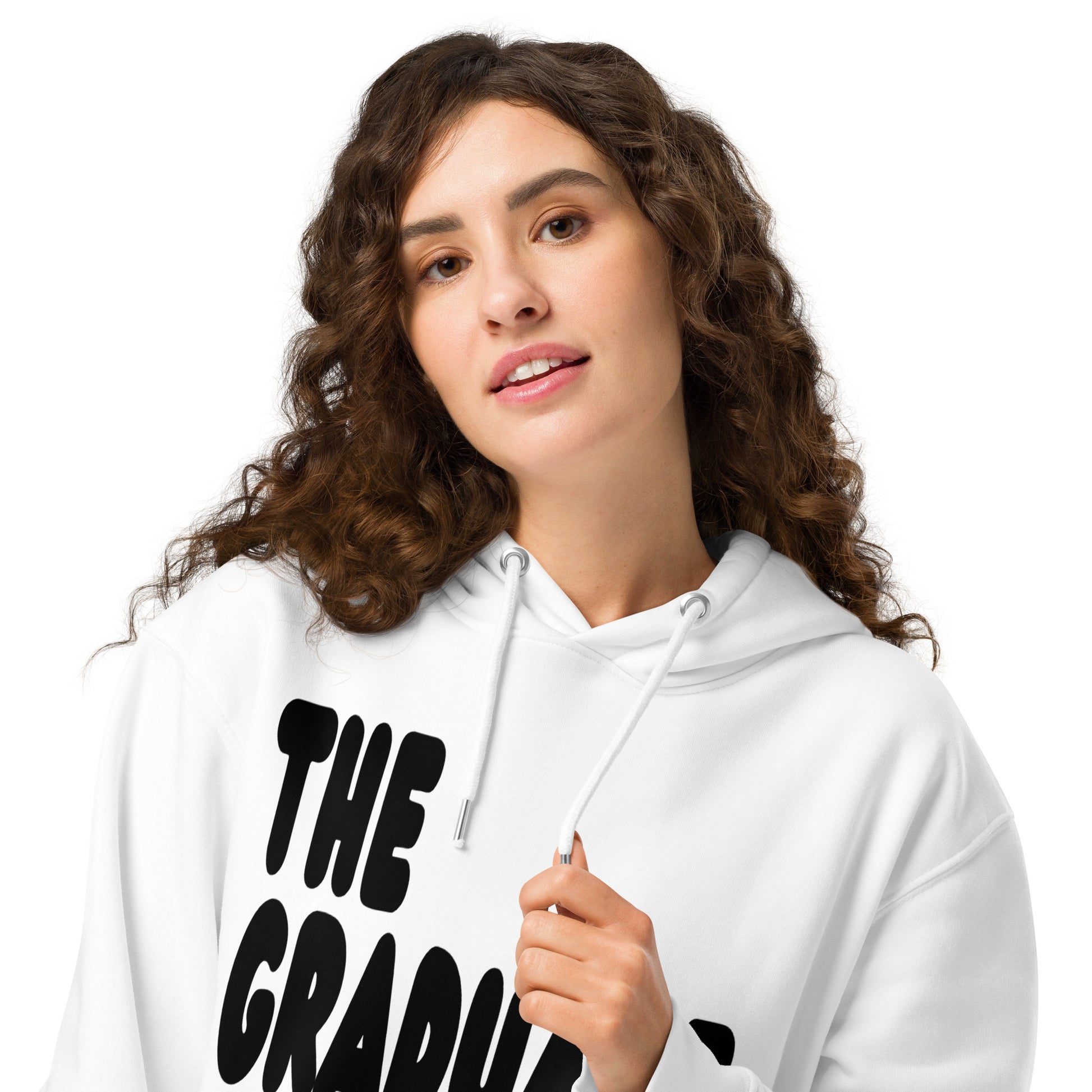 Woman wearing The Graduate Premium Unisex White Hoodie from the APWT Gift Shop Close