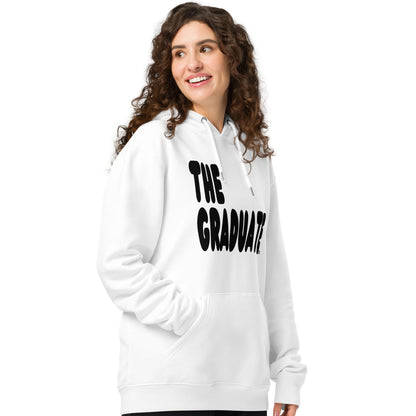 Woman wearing The Graduate Premium Unisex White Hoodie from the APWT Gift Shop Side