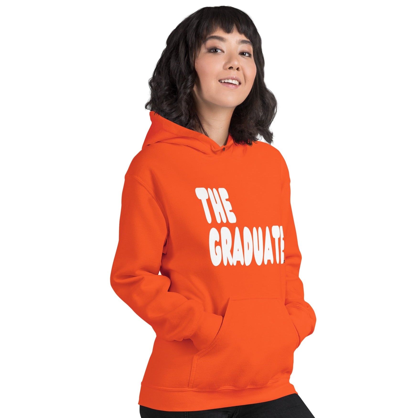 Woman wearing The Graduate Unisex Hoodie in Orange from the APWT Gift Shop