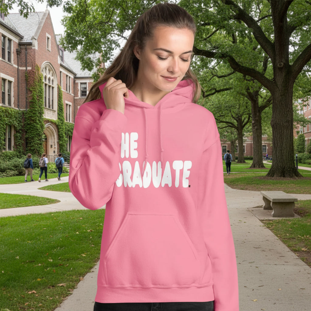 Woman wearing The Graduate Unisex Hoodie in Pink from the APWT Gift Shop