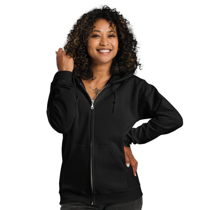 Woman wearing The Graduate Unisex Zip-Up Hoodie from the APWT Gift Shop in Black Front