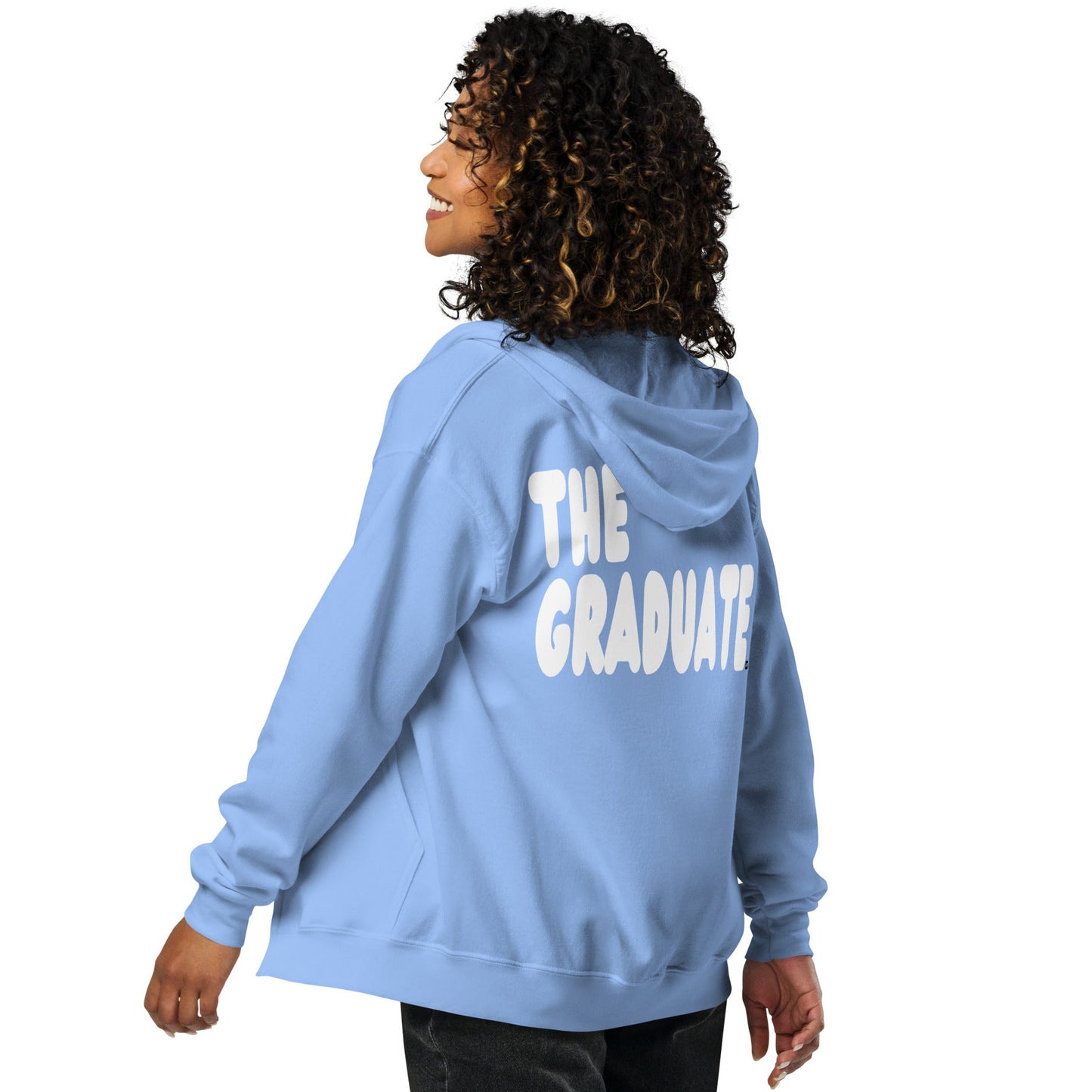 Woman wearing The Graduate Unisex Zip-Up Hoodie from the APWT Gift Shop in Light Blue