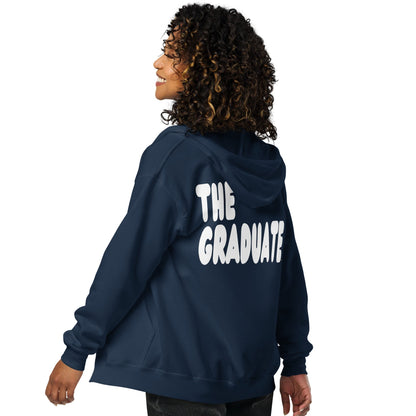 Woman wearing The Graduate Unisex Zip-Up Hoodie from the APWT Gift Shop in Navy Blue