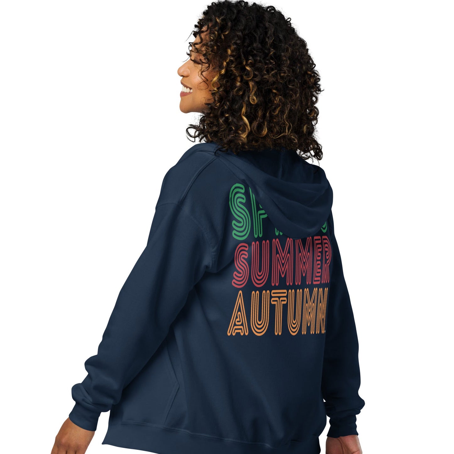 Woman wearing The Spring into Summer Unisex Zip-Up Hoodie in Navy Blue from the APWT Gift Shop