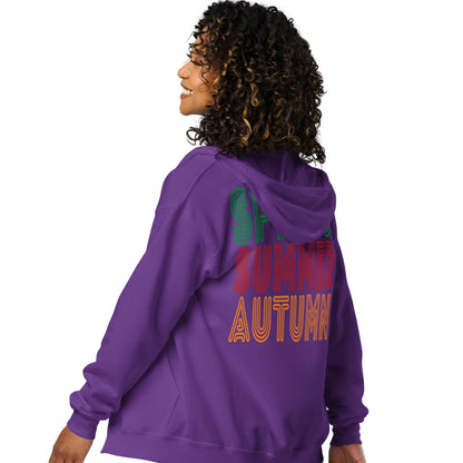 Woman wearing The Spring into Summer Unisex Zip-Up Hoodie in Purple from the APWT Gift Shop