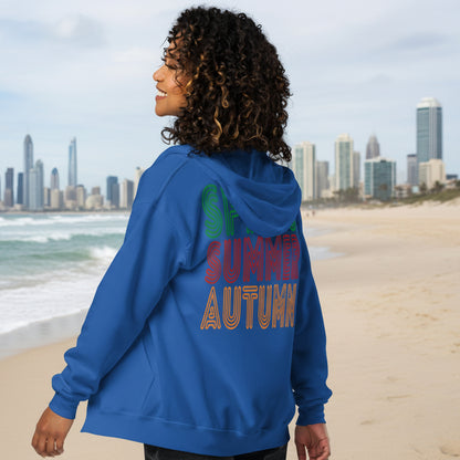 Woman wearing The Spring into Summer Unisex Zip-Up Hoodie in Royal Blue from the APWT Gift Shop