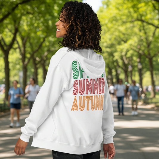 Woman wearing The Spring into Summer Unisex Zip-Up Hoodie in White from the APWT Gift Shop
