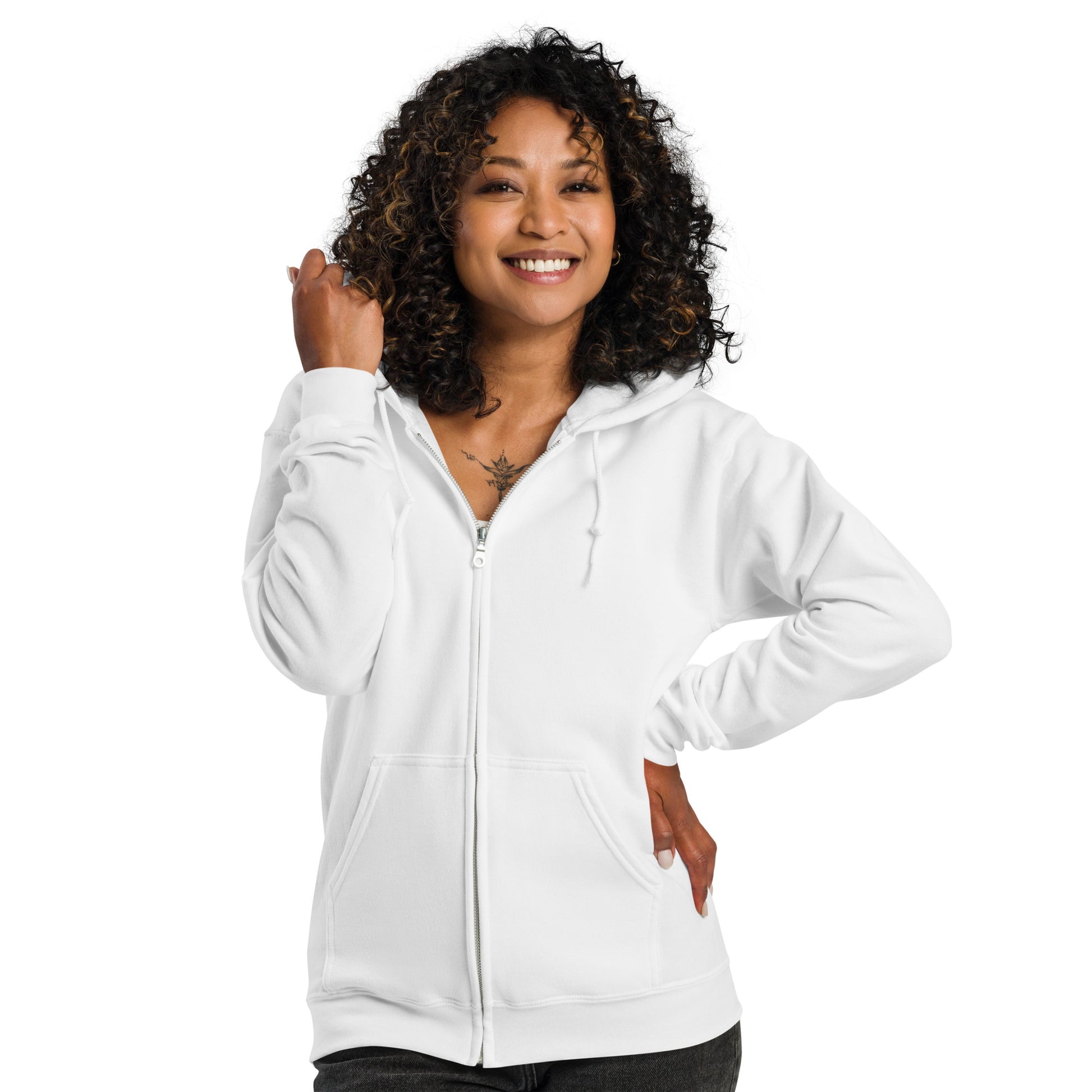 Woman wearing The Spring into Summer Unisex Zip-Up Hoodie in White from the APWT Gift Shop Front