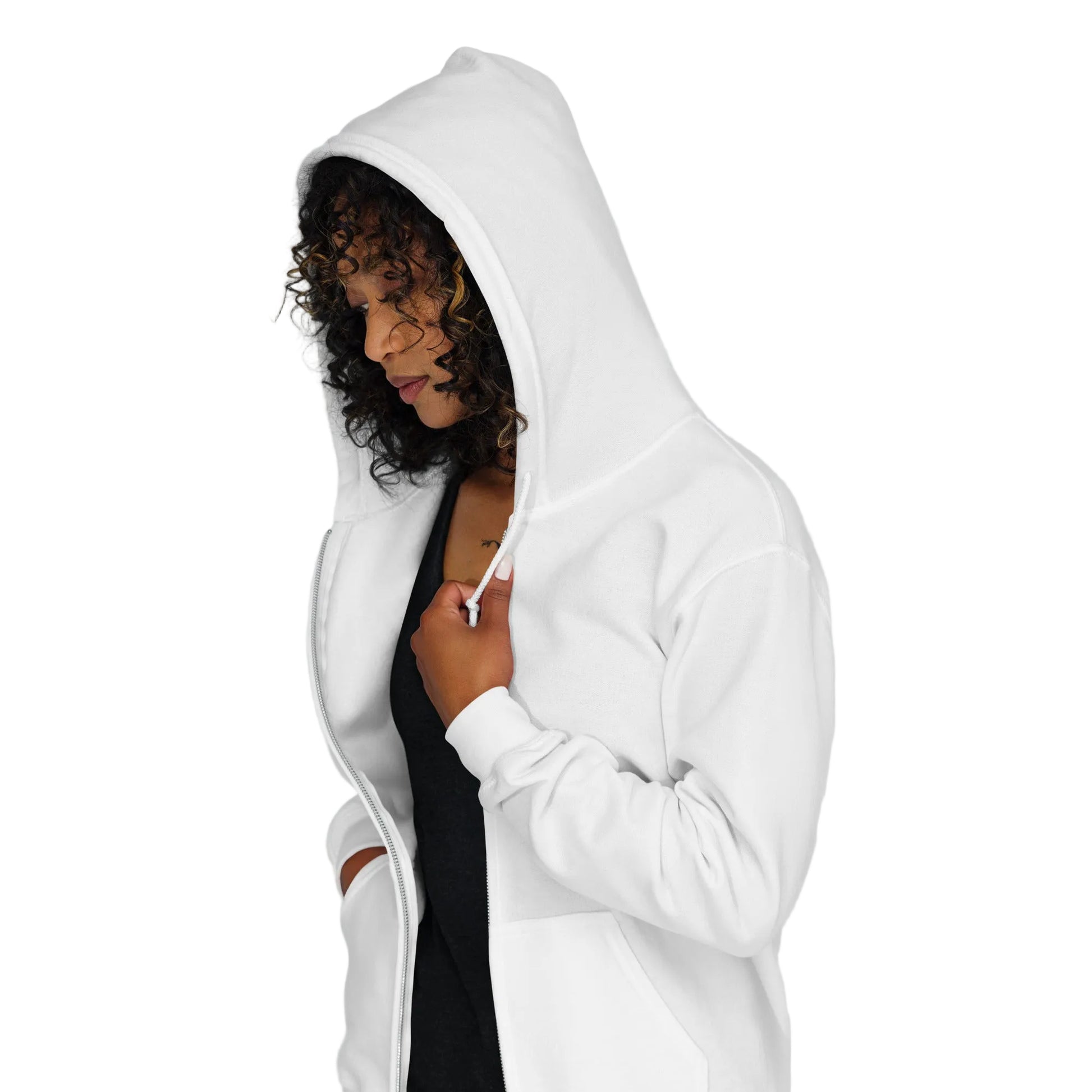 Woman wearing The Spring into Summer Unisex Zip-Up Hoodie in White from the APWT Gift Shop Side