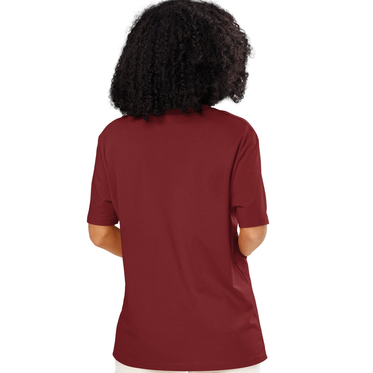 Woman wearing The Wedding Party Premium Unisex T-Shirt in Burgundy from the APWT Gift Shop Back