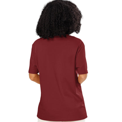 Woman wearing The Wedding Party Premium Unisex T-Shirt in Burgundy from the APWT Gift Shop Back