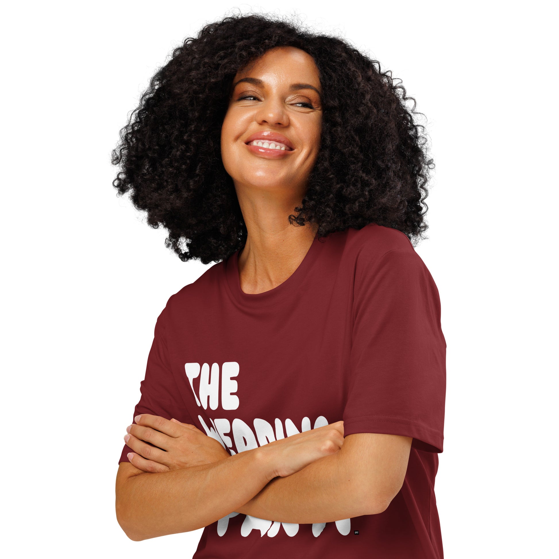 Woman wearing The Wedding Party Premium Unisex T-Shirt in Burgundy from the APWT Gift Shop Close up