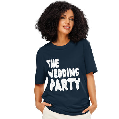 Woman wearing The Wedding Party Premium Unisex T-Shirt in Dark Blue from the APWT Gift Shop