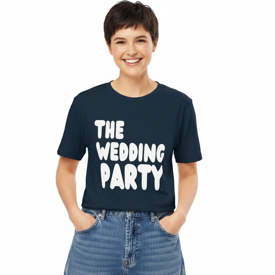 Woman wearing the APWT Gift Shop's the Wedding Party Premium Unisex T-Shirt from the APWT Wedding Shop in Navy Blue