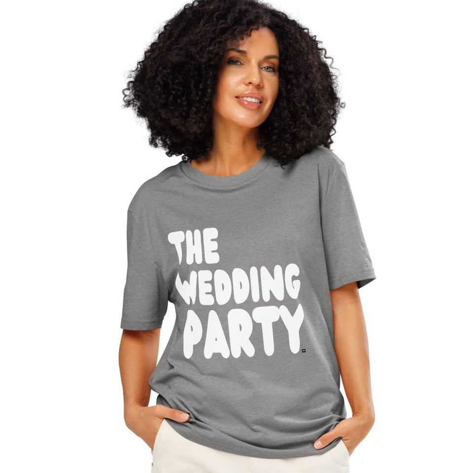 Woman wearing The Wedding Party Premium Unisex T-Shirt in Grey from the APWT Gift Shop