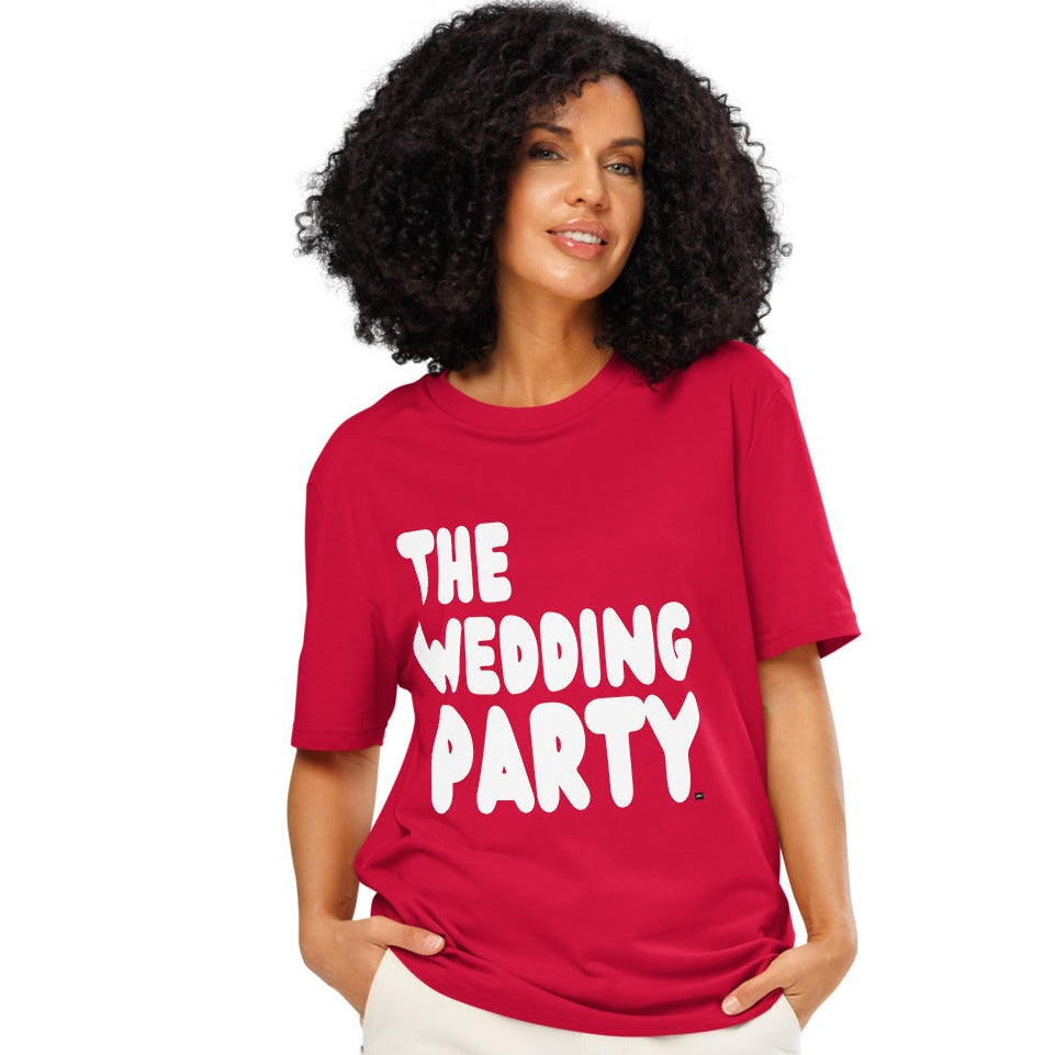 Woman wearing The Wedding Party Premium Unisex T-Shirt in Red from the APWT Gift Shop