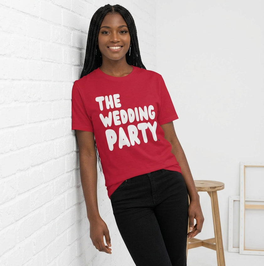 Woman wearing the APWT Gift Shop's the Wedding Party Premium Unisex T-Shirt from the APWT Wedding Shop in Red