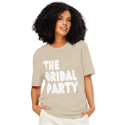 Woman wearing the APWT Gift Shop's the Bridal Party Premium Unisex T-Shirt in Beige from the APWT Wedding Shop