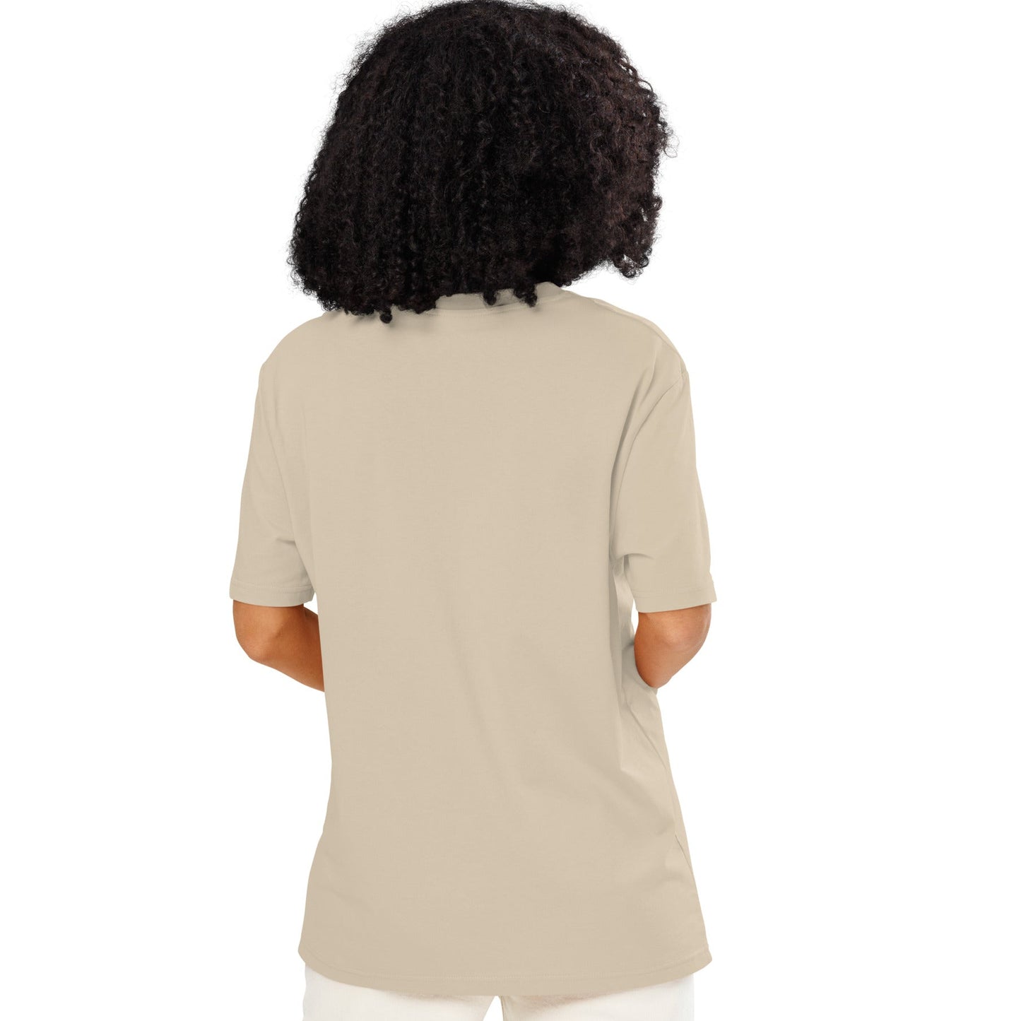 Woman wearing the Bridal Party Premium Unisex T-Shirt in Beige Back